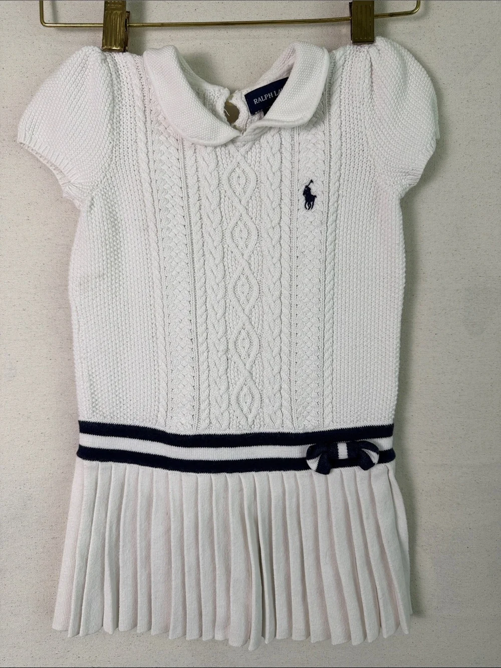 Baby Girl Ralph Lauren White Cable Knit Polo Dress with Navy Stripes